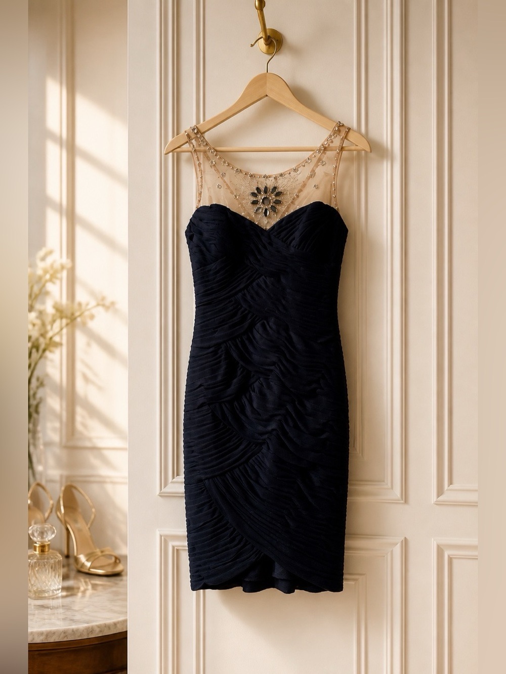 Adrianna Papell Navy Sheath Dress with Gold Illusion Yoke